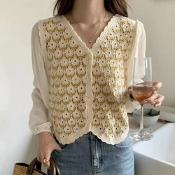 Embroidery Floral Crochet Knit Top Women Long Sleeve V-Neck Button Front Blouse Cardigan Spring Summer Fairycore Outfit