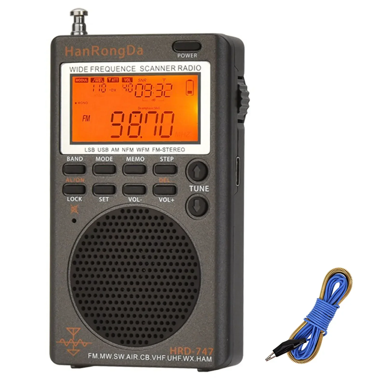 

HRD-747 SSB Shortwave Radio FM Stereo With Clock And 9.7ft Wire Antenna FM/LSB/AIR/CB/VHF/UHF Full Band NOAA Digital Radio