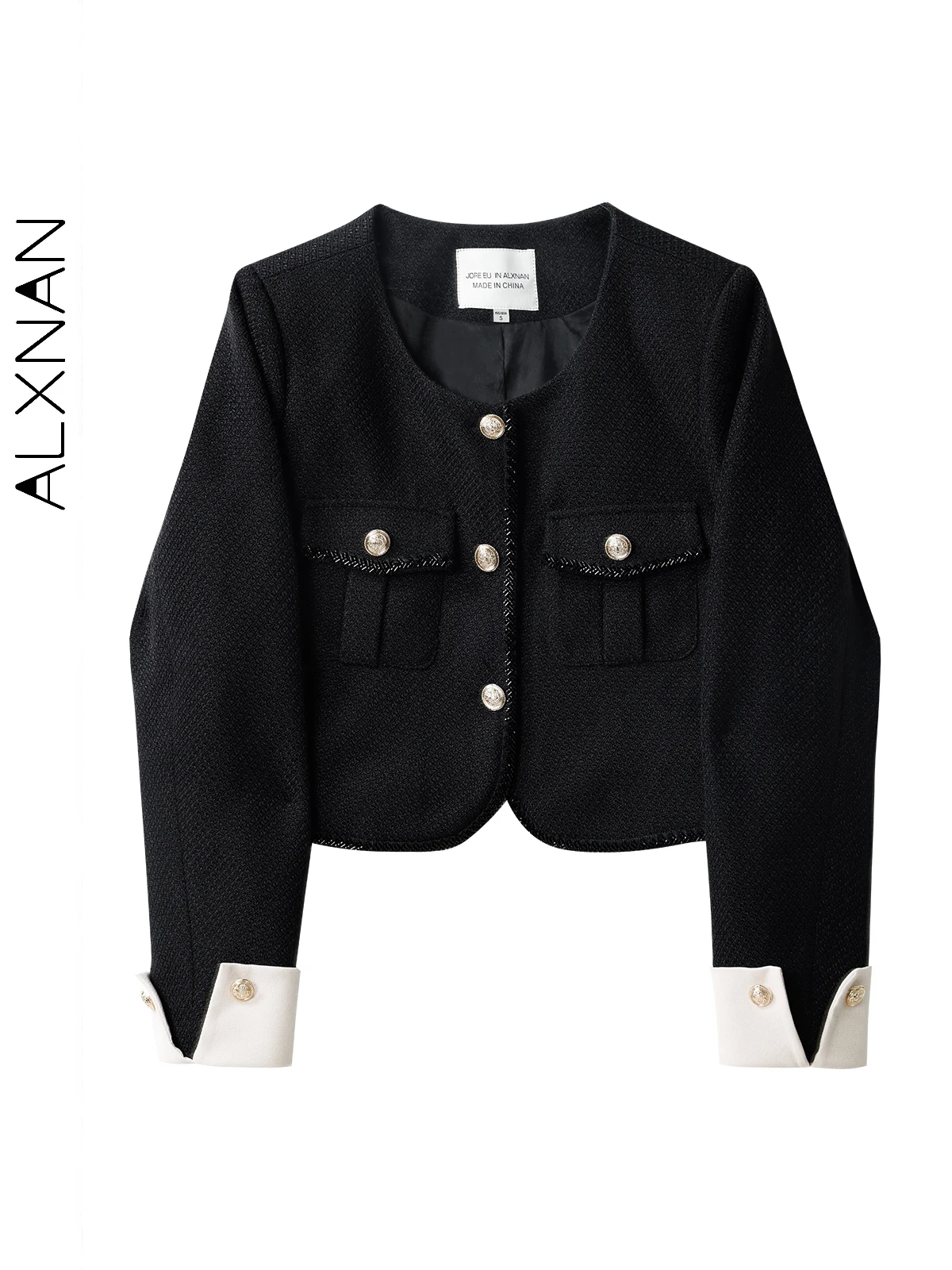

ALXNAN Women's Black Tweed Jacket Classic O-neck Long Sleeve Single Breasted Coats Patchwork 2025 Fall Winter Overcoat QYM002248