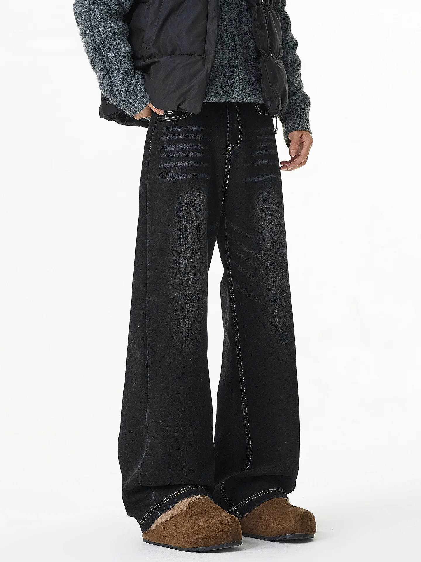 

Worn-In Fce-Lined Thiened Straight Leg Jeans Men's High Street Sle Autumn Winter Warm Vibe Casual Loose Fit Jeans