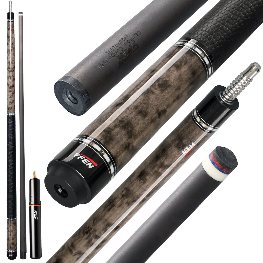 YFEN Carbon Fiber Pool Cue Stick 11.5mm 12.5mm Low Deflection Pool Stick with Rare Wood Butt Balone Shell Inlaid Ring Professional Cue Stick with Extension