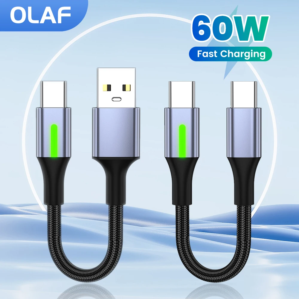 

Короткий кабель 0,25 м/0,5 м, зеленый индикатор 60 Вт, USB A/USB C к кабелю для быстрой зарядки типа C для Iphone15 16 Xiaomi Samsung Huawei