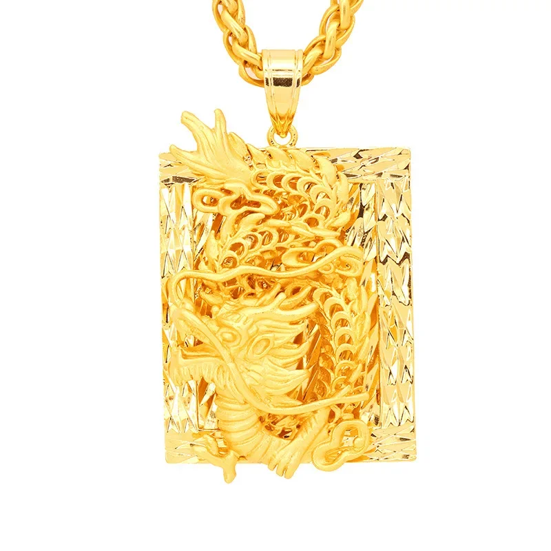 Rectangle Cut 14 k Yellow Gold Pendant For Men Retro Embossed Dragon necklace Pendant Wedding Birthday Gift Jewelry No Chain
