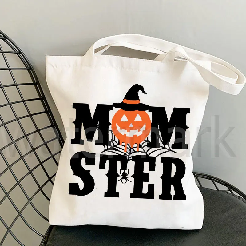 Women\'s Ulzzang Momster Tote Bag Mom Halloween Gift Shopping Bag Funny Mom Canvas Tote Funny Eco Foldable Shopping Bag Spooky