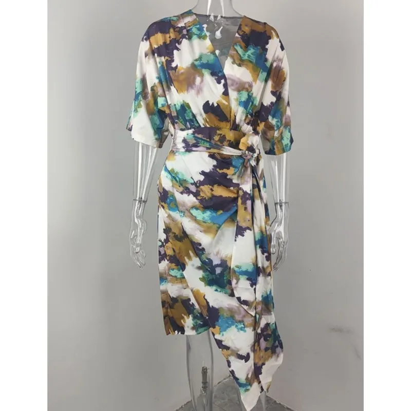 Women's Maxi Dresses Summer New Office Elegant Solid Short Sleeve V Neck Waist Length With Belt Tie Up Slit Party Dress Vestidos