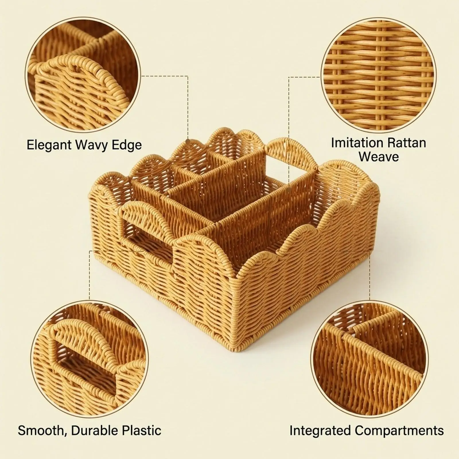 Imitation Rattan Basket Portable Multifuctional Weaving Storage Basket Bin for End Table Coffee Table Decoration