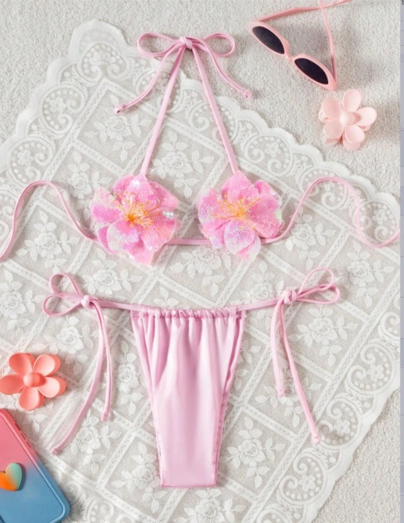 Sexy Triangle 3D Floral Bikini Sequined Bikinis Swimwear Women Swimsuit Side String Bathing Suit Biquini Maillot De Bain Femme