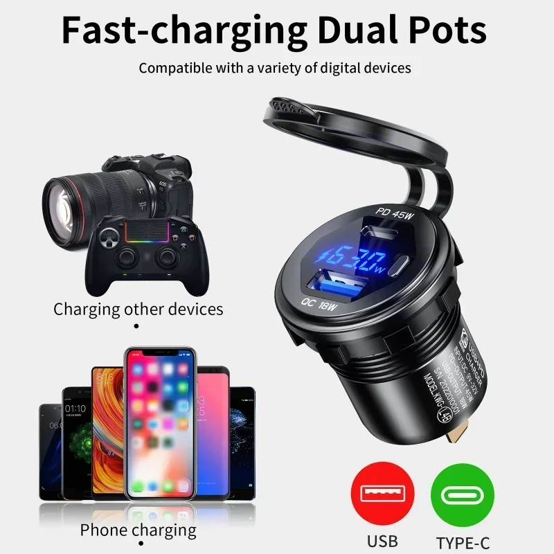 Aluminum Quick Charge 3.0 and PD Dual USB Car Charger Socket 12V/24V 63W Dual USB Motorcycle Socket Power Outlet Charge Adapter - náhled 4