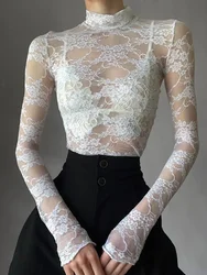 Women Sheer Mesh Long Sleeve Top Turtleneck Embroidery Lace Tops Y2k Slim Fit See Through Going Out Tee Shirt Beach Cover ups