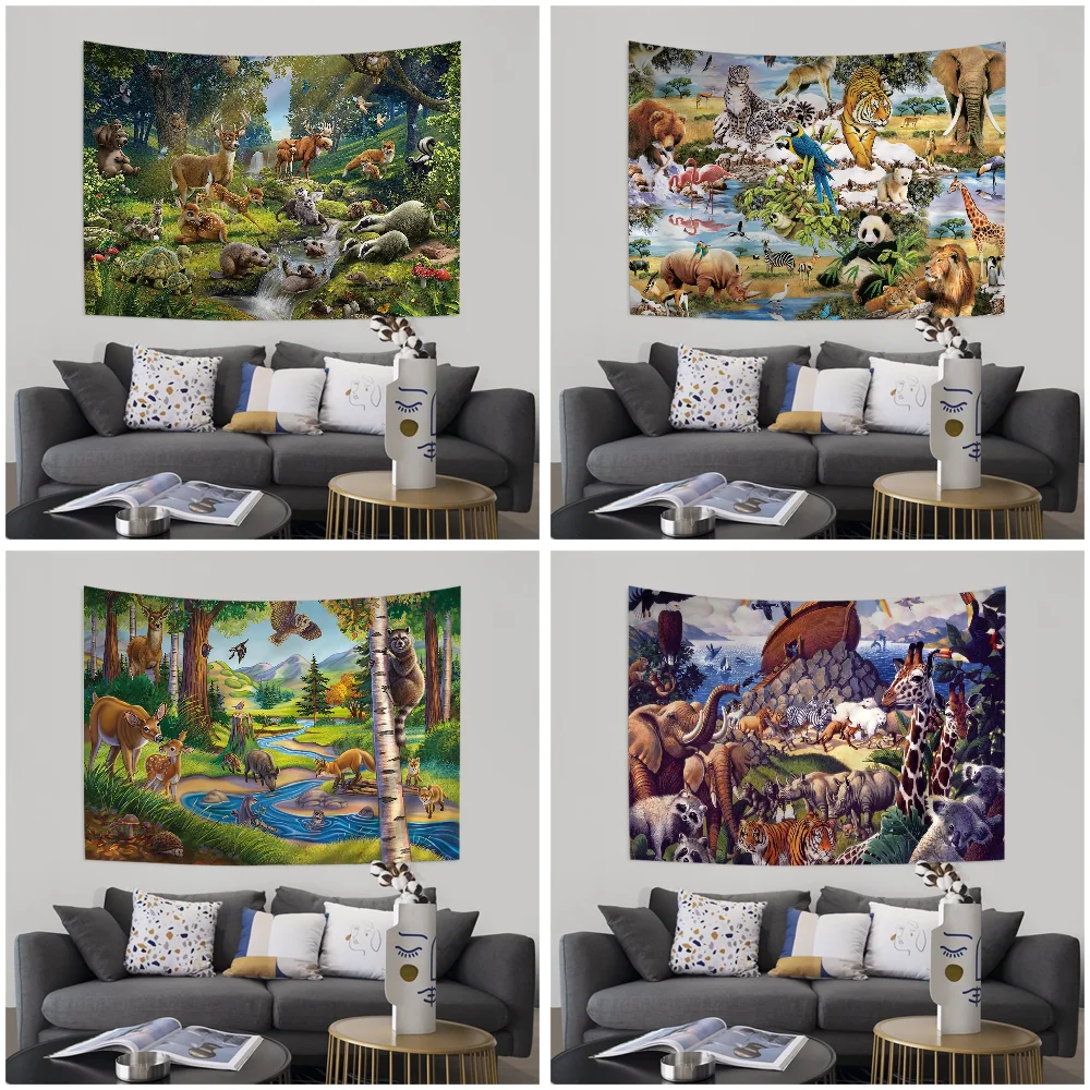 

Cartoon Animal World Chart Tapestry Art Science Fiction Room Home Decor Cheap Hippie Wall Hanging