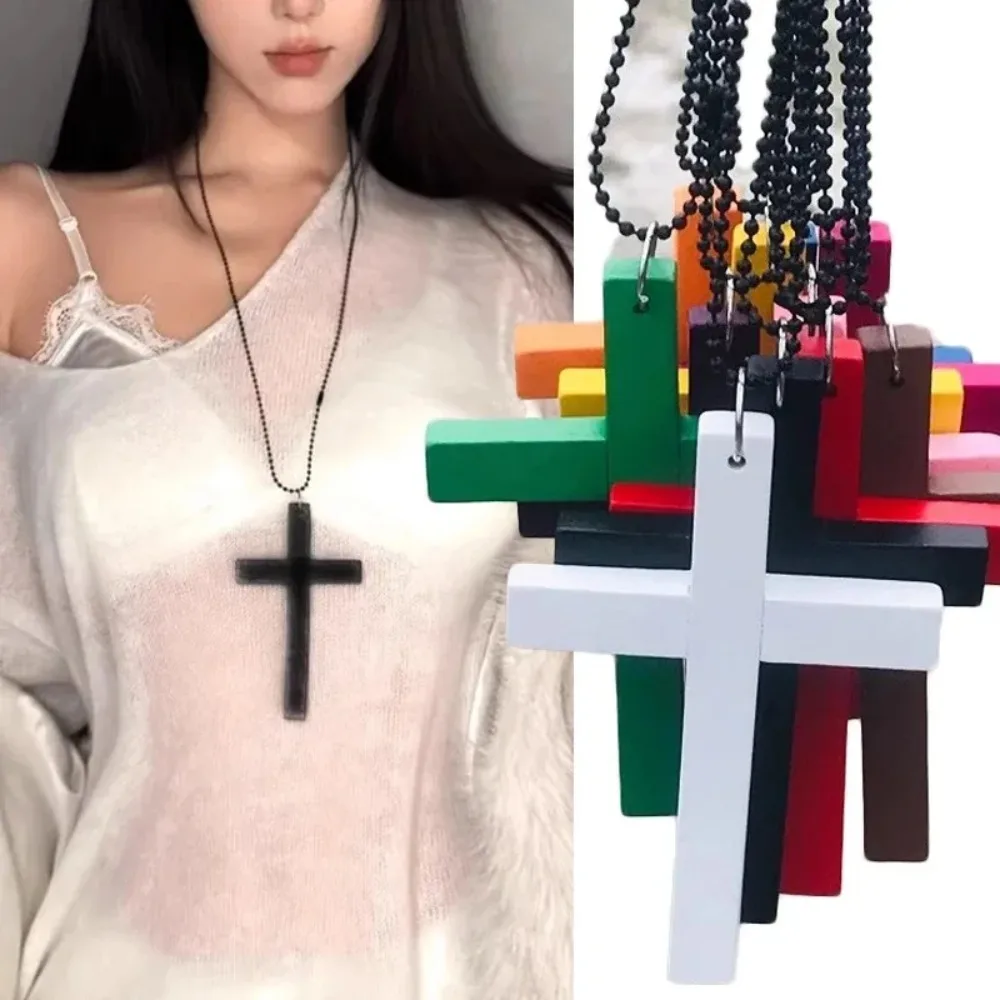 고딕 빈티지 레드 우드 크로스 펜던트 블랙 비즈 로프 체인 목걸이 (여성용/남성용) Y2K 감성 EMO 그런지 주얼리 액세서리