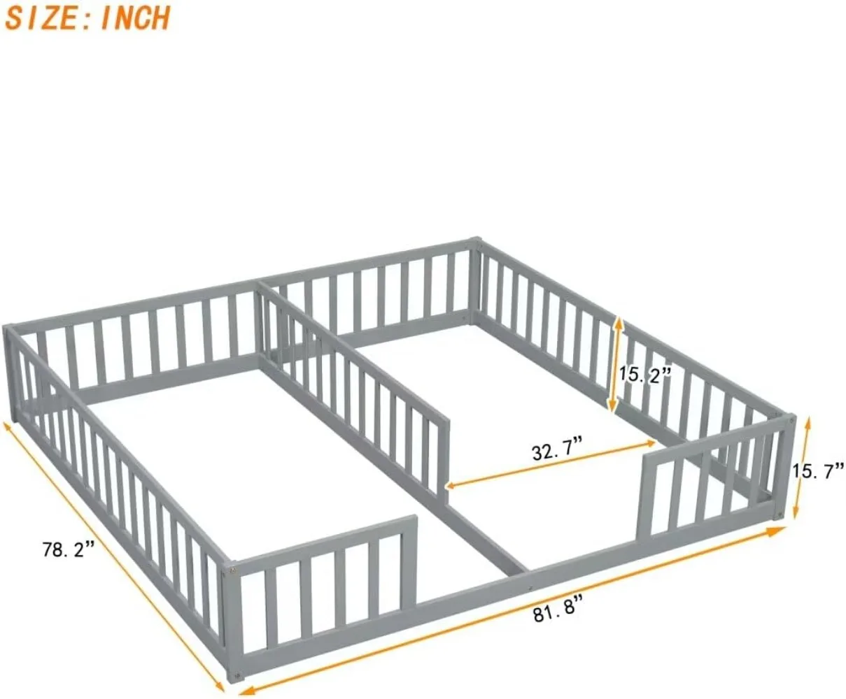 Double Twin Size Floor Platform Bed for Kids with Built-in Book Storage Rack Floor Bed with Door and Fence,Grey