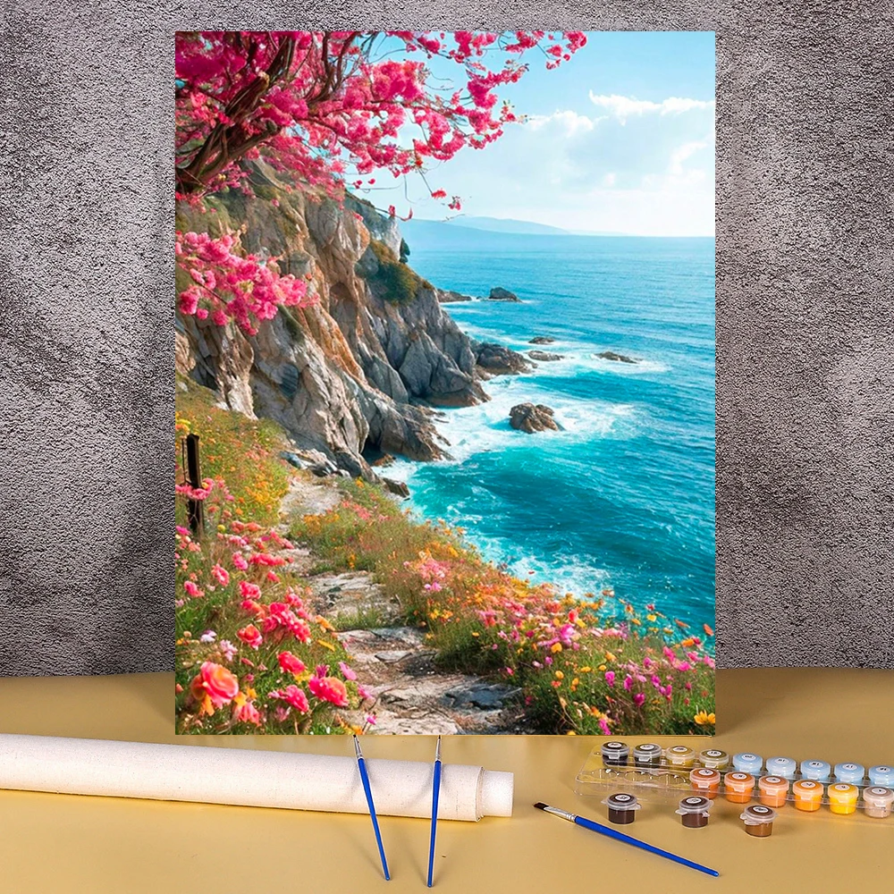 Flowers Cliff Painting By Numbers Draw Seascape Picture Decorative Acrylic Paint Kits Handicraft Wall Art Decor For Bedroom