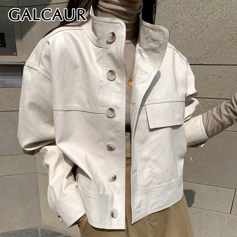 

GALCAUR Minimalist Solid Coat For Women Stand Collar Long Sleeve Pacthwork Single Breasted High Street Short Jackets Female New