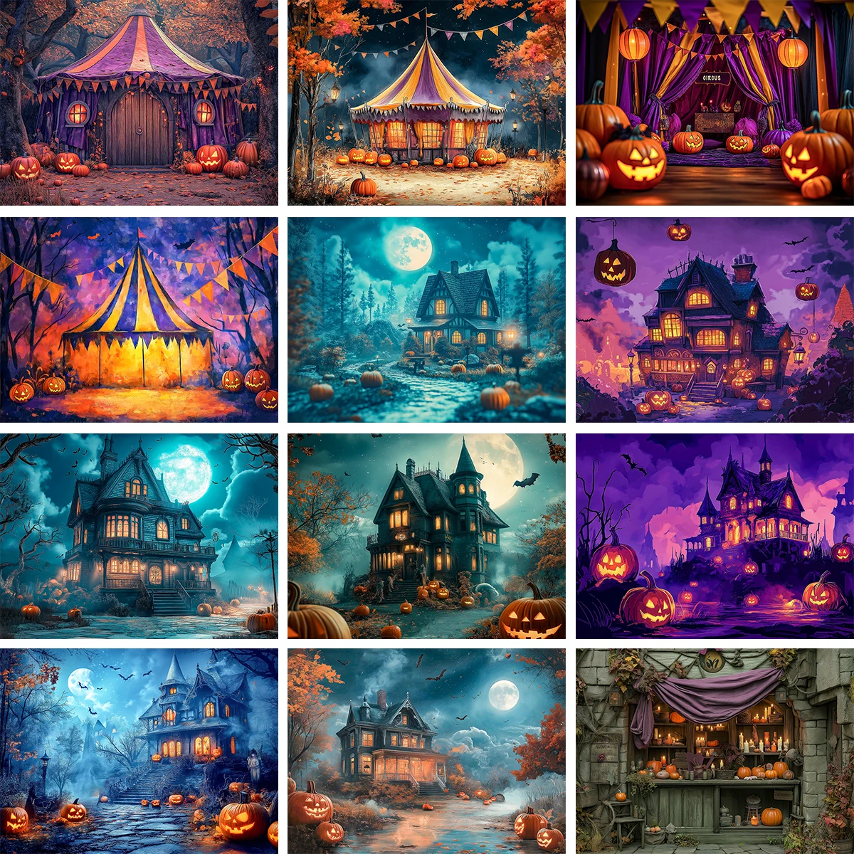 Halloween Pumpkin Circus Backdrop Kids Adult Photography Castle Festival Spooky Store Big Moon Backgrounds