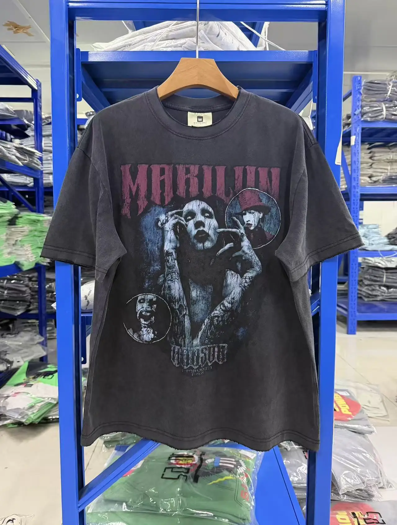 Summer Manson Rock Band American Printed Round Neck Loose Washed Vintage Short Sleeve High Street Hip Hop Cotton Men T-shirt