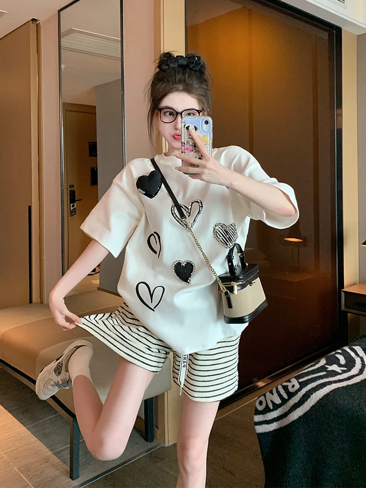 European Heavy Industry Three-Dimensional Love Embroidered Short Sleeved T-shirt Summer New Round Neck Oversized Fashion Y2k Top