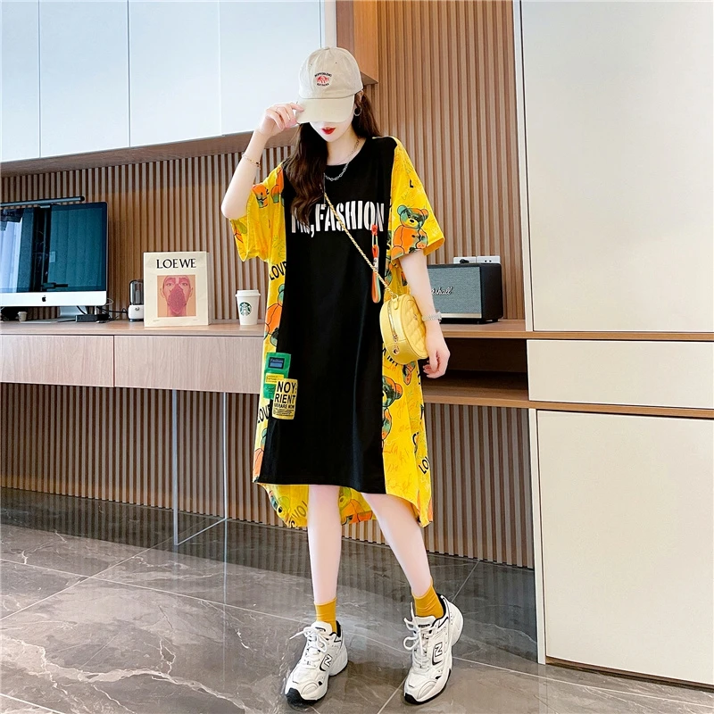 Extra Large 300 Pou mi-longue ort-savé t-shirt Dr paresseux été nouveau Sle ample Version coréenne imprimé h-line Dr