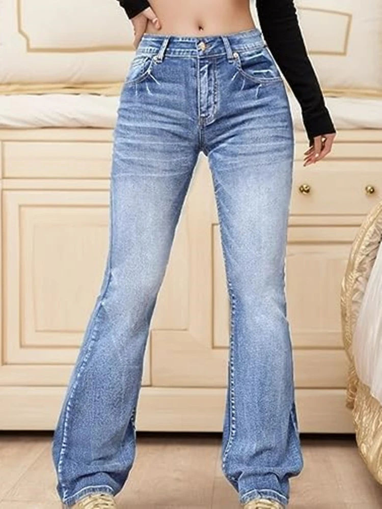 กางเกงยีนส์เดนิมผู้หญิงทรงขาบาน สไตล์ Y2K สตรีทแวร์ ทรงเข้ารูป เอวสูง ทรงตรง หรูหรา อเนกประสงค์ สวมใส่สบาย ปี 2025