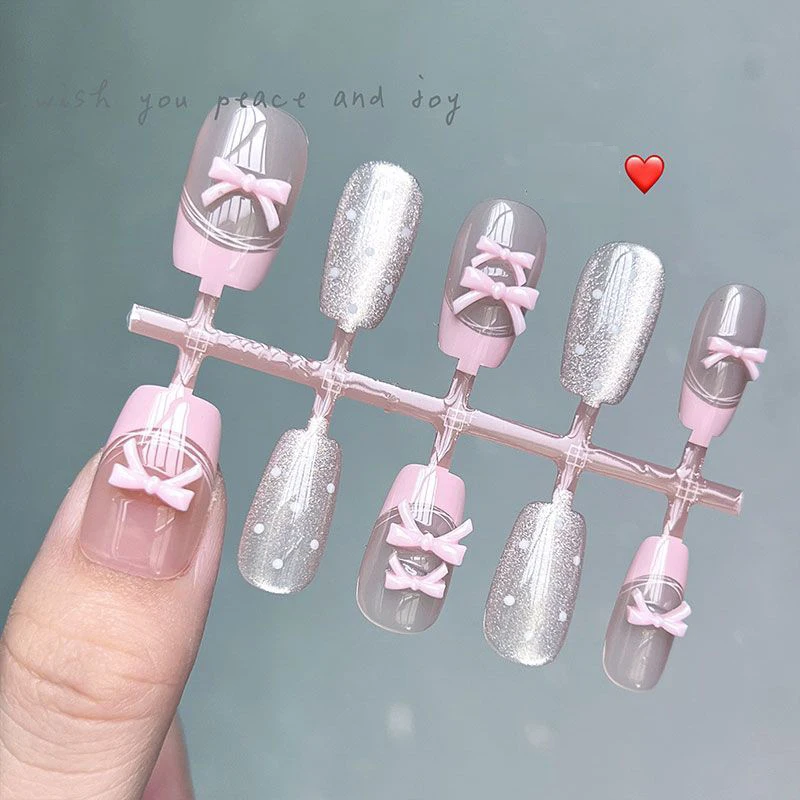 

10pcs Short Press On Nails Pink Handmade 3d Bowknot Fingertip French Cute Fake Nails Powder Full Cover Reusable Fake Nail Tips