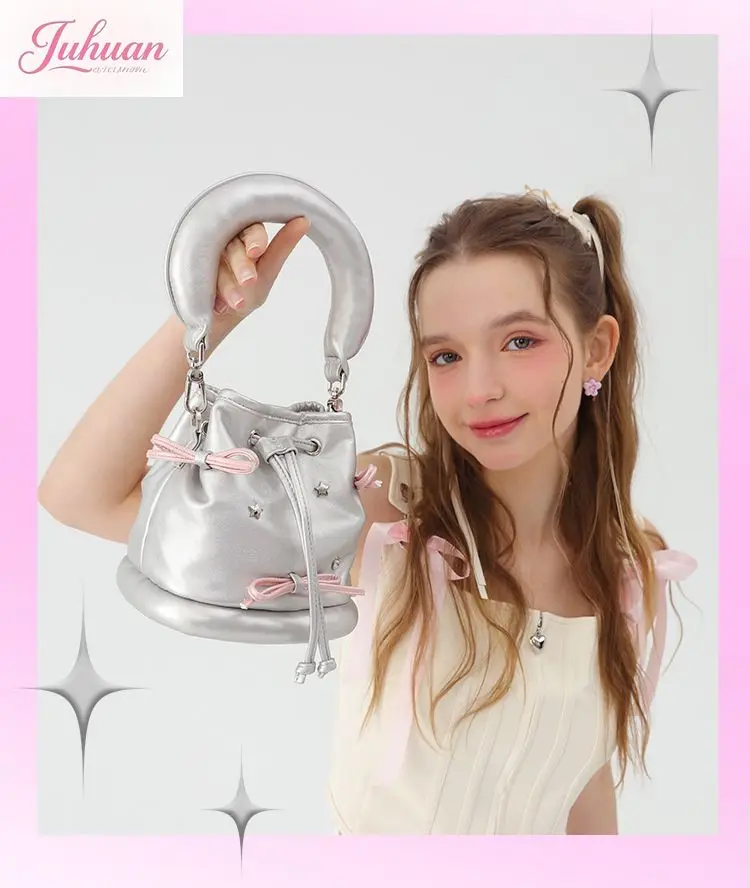 

Japanese Original Donut Girl Silver Bucket Bags Sweet Cute Lolita Bow Mini Tote Bag Ladies Fashion Versatile Shoulder Handbag