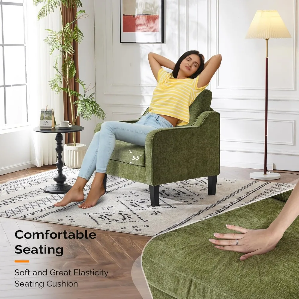 Mid Century Modern Olive Green Accent Chair with Scooped Arms for Living Room and Bedroom Reading