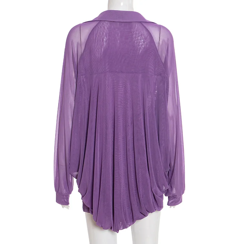 ชุดเซ็ต 2 ชิ้น เสื้อครอปแขนยาวทรงบับเบิ้ล คอปกพับได้ ผ้าตาข่ายซีทรู + กระโปรงทรงบอดี้คอนสั้น