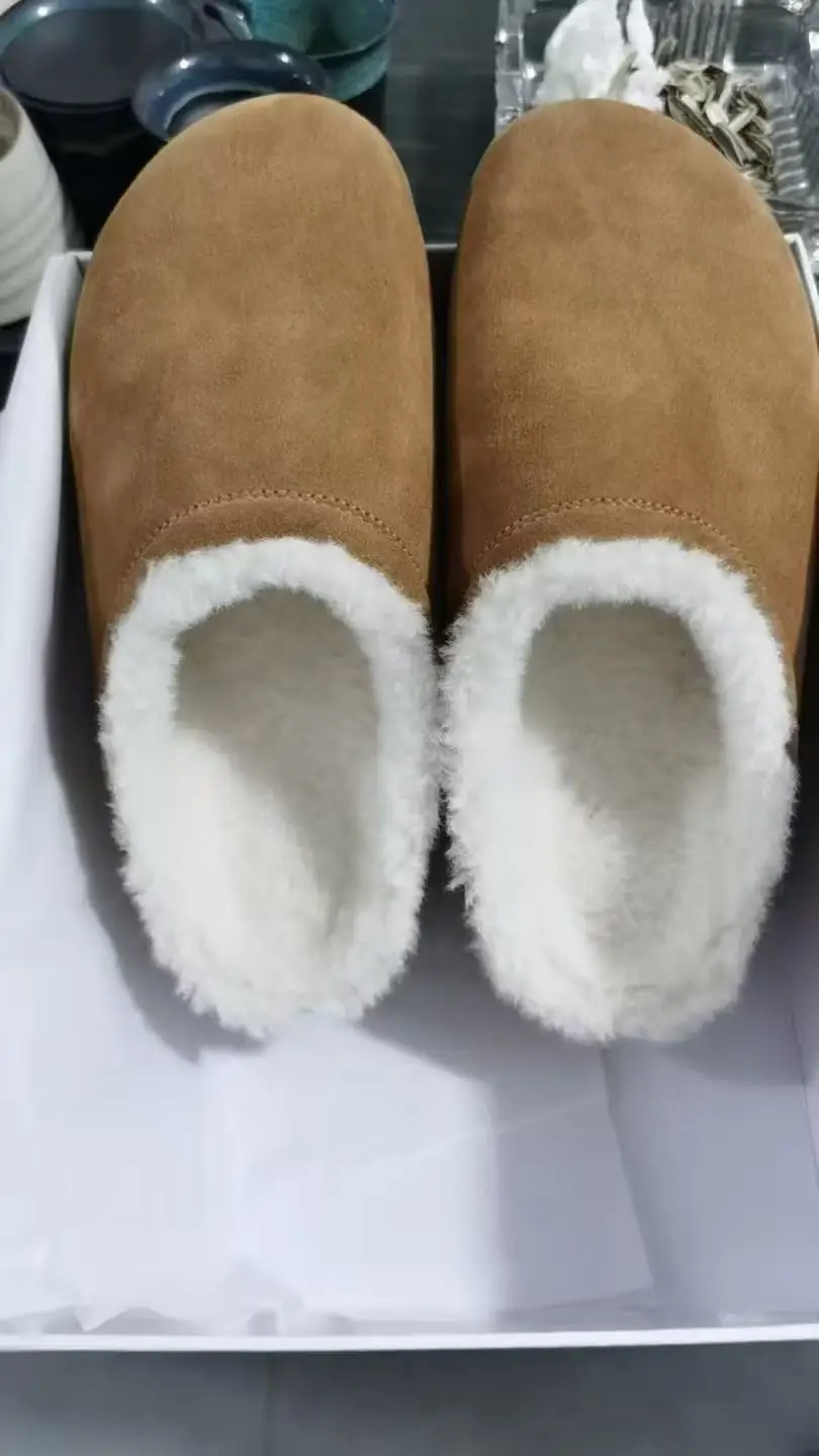 شباشب نصف مسطحة من جلد الغزال والصوف الشتوي للنساء، أحذية منزلية كاجوال دافئة، أحذية مريحة للنساء