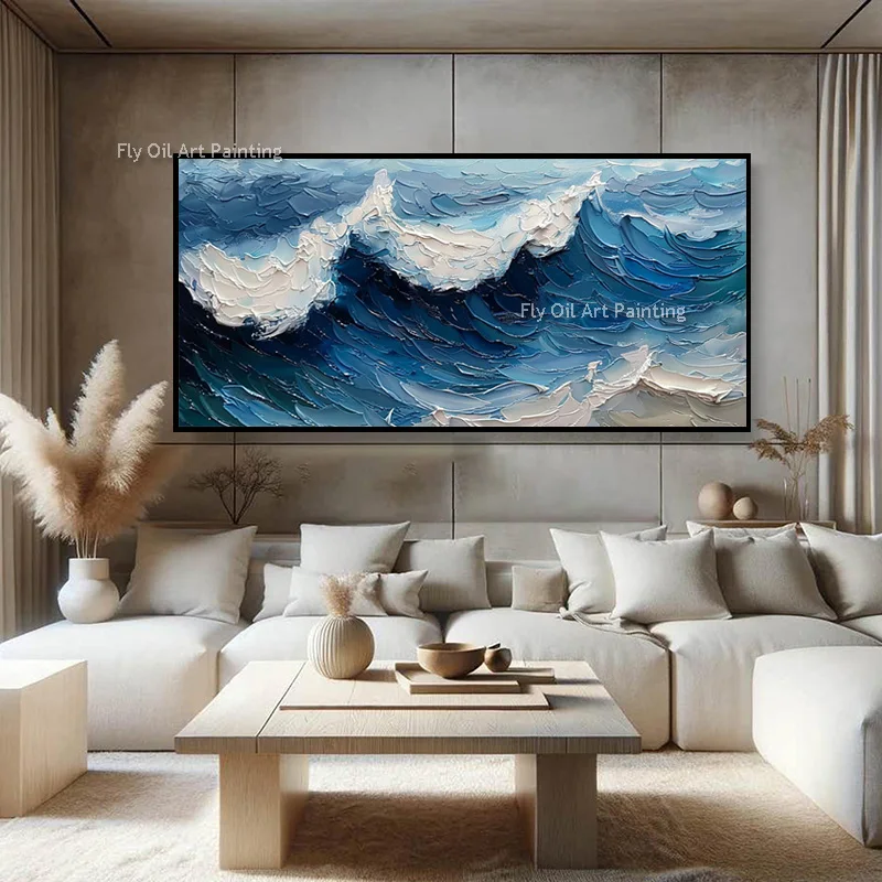 Beautiful Home Wall Decor Items Handmade Blue White Seascape Wall Art Original Design Yellow Sea Sunset Oil Painting On Canvas