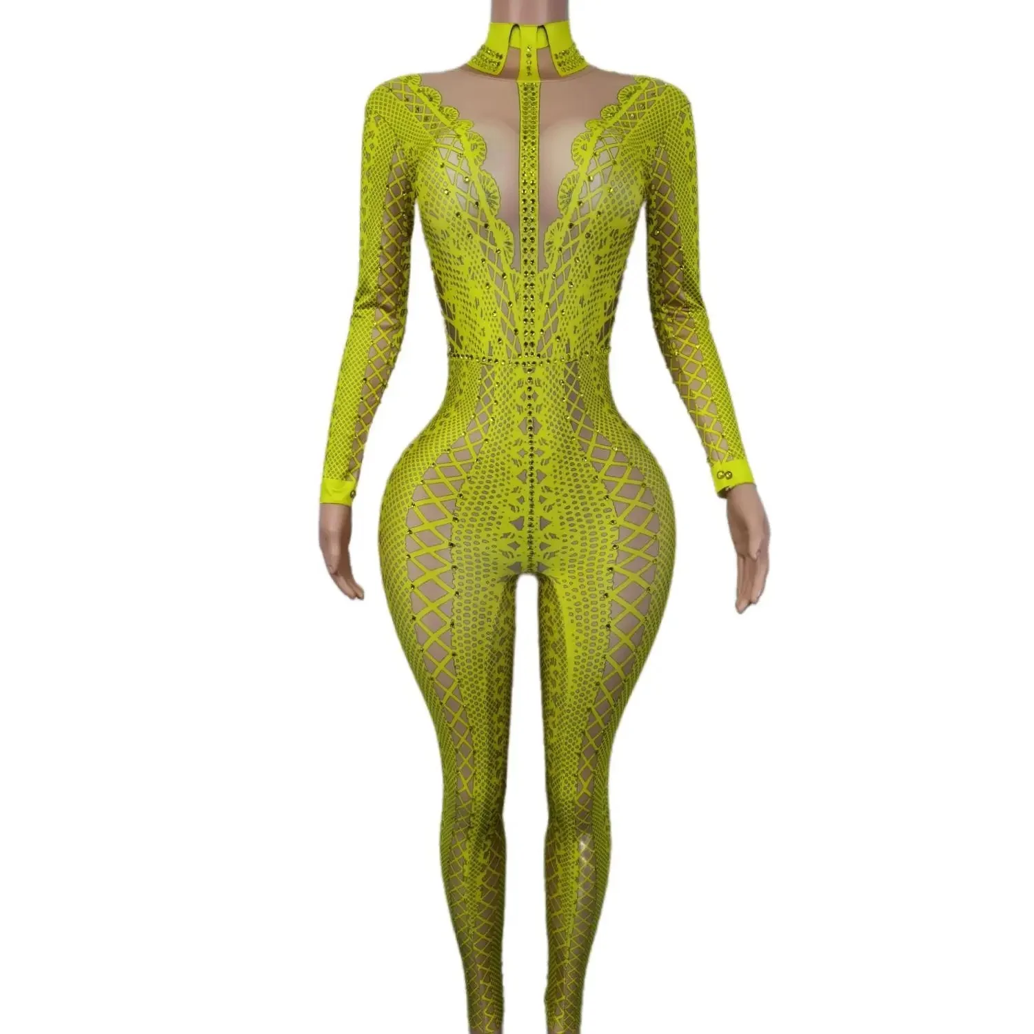 

Fashion Woman Rhinestone Pattern Printing Tights Yellow Jumpsuit Turtleneck Long Sleeve Leotard Party Evening Costume Stage Wear