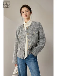 ZIQIAO Autunno femminile Nuova giacca di tweed Grigio floreale chiaro Girocollo Giacche corte Office Lady Temperamento Cappotti dritti