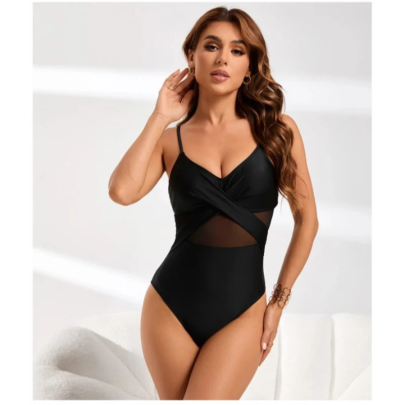 New One-Piece Sexy Backless Strap Swimsuit with Mesh Patchwork, Tummy Covering, and Cross Bikini