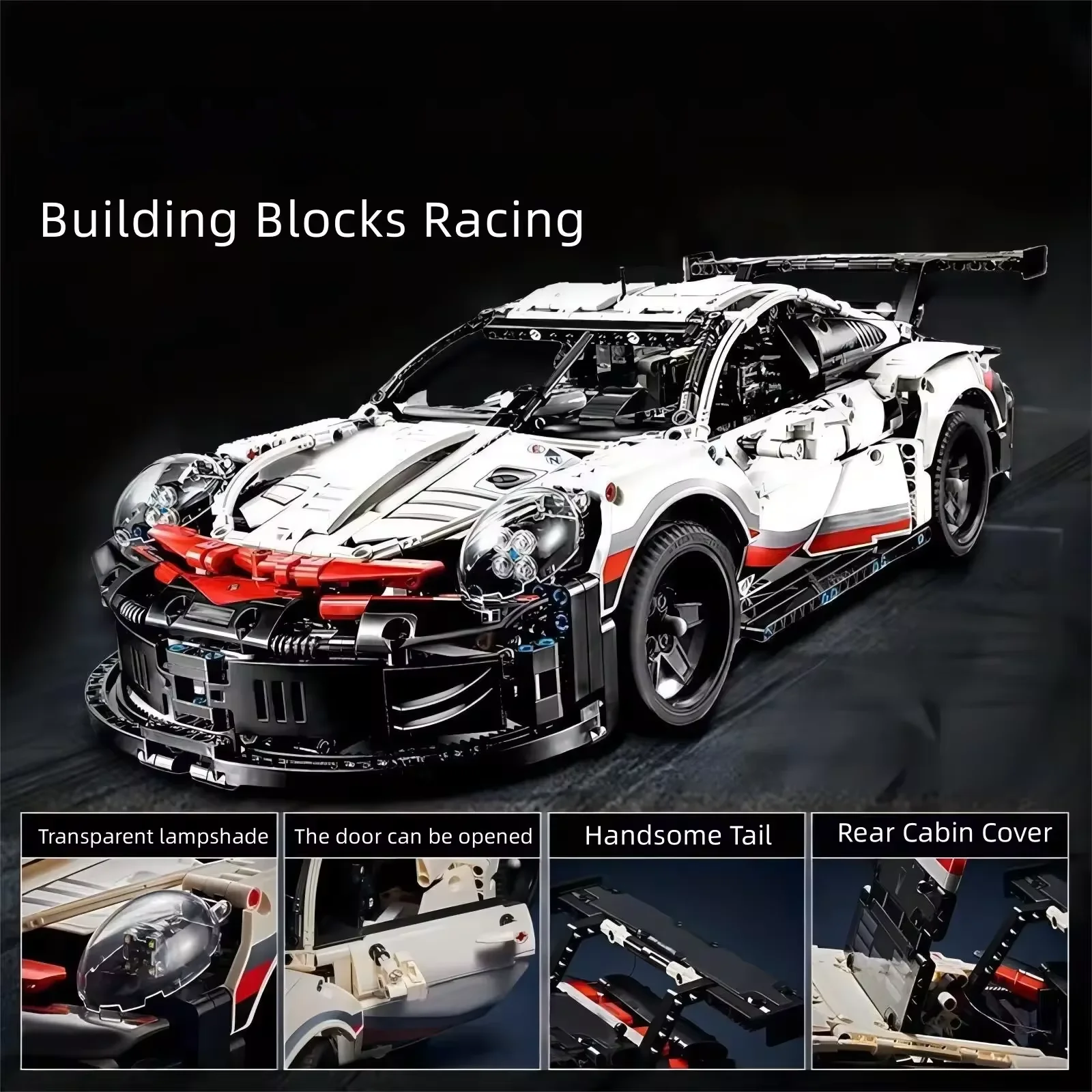 911Rsr 1580PCS 1:10 Assembled Building Blocks Electric Sports Car Model Remote Control Lights Building Blocks Sports Car Boy Toy