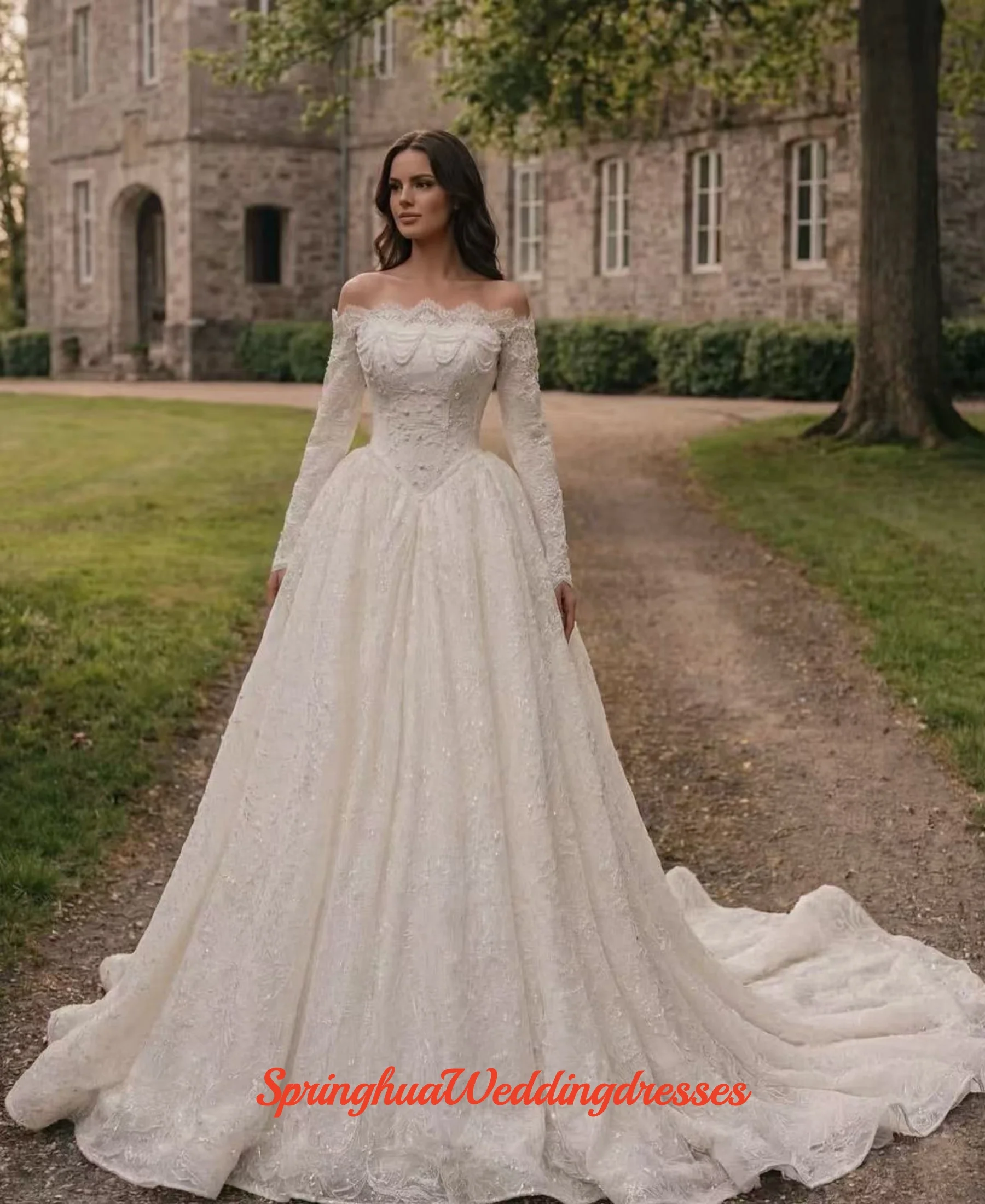 

Customized New Style Sweet-Neck Long-Sleeved A-Line Embroidered Wedding Gown for Bride wedding dresses vestidos de novia