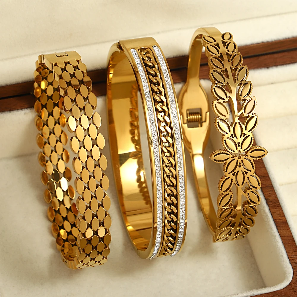 

DODOHAO Personality Beautiful Inlaid Zircon Woman Stainless Steel Bangles Bangles Luxury Shiny Cubic Zirconia Gold Color Jewelry