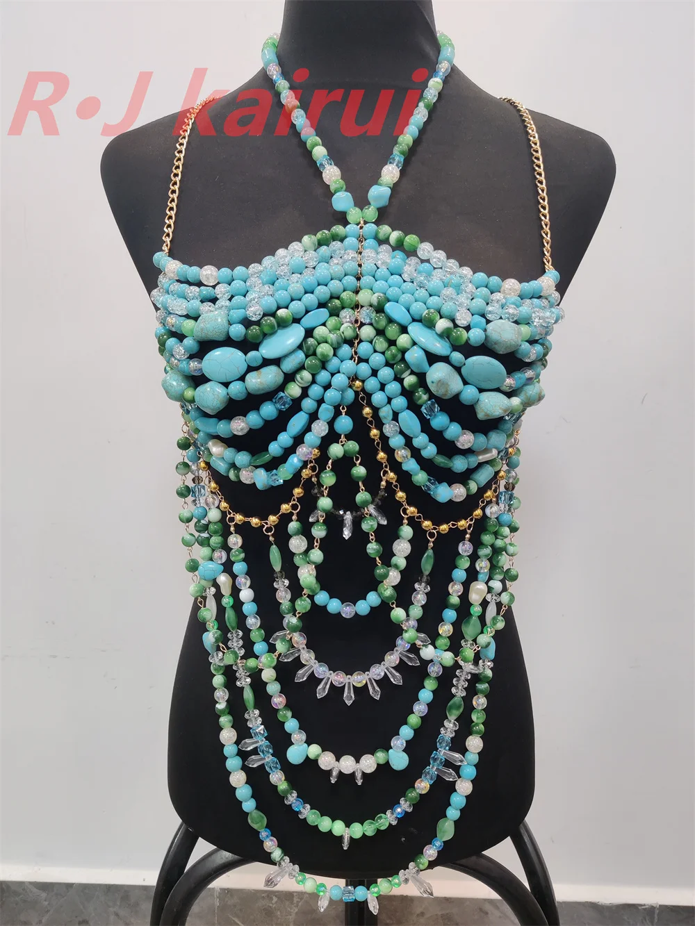 Fashion Sexy Women Handmade Real Turquoise Stone&Green Beads Body Chain Jewelry Bikini Bra Halter Romantic Tank Top Beahwear