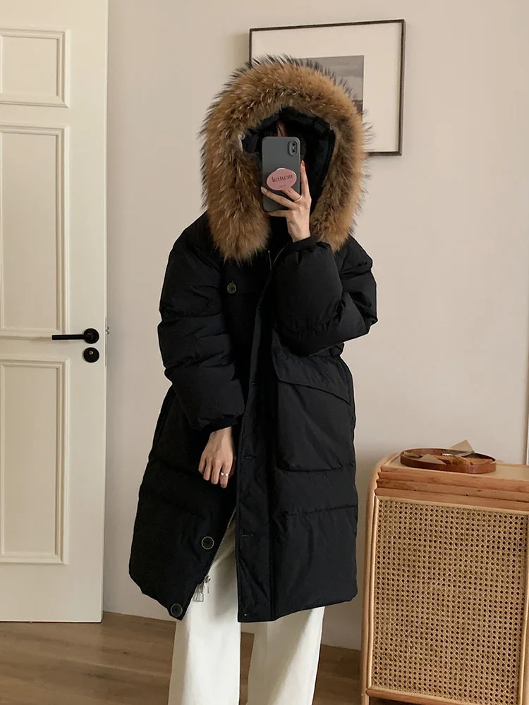 2024 New Winter Women Long Puffer Warm Jacket Real Raccoon Fur Hooded Duck Down Coat Female Feather Waterproof Parka