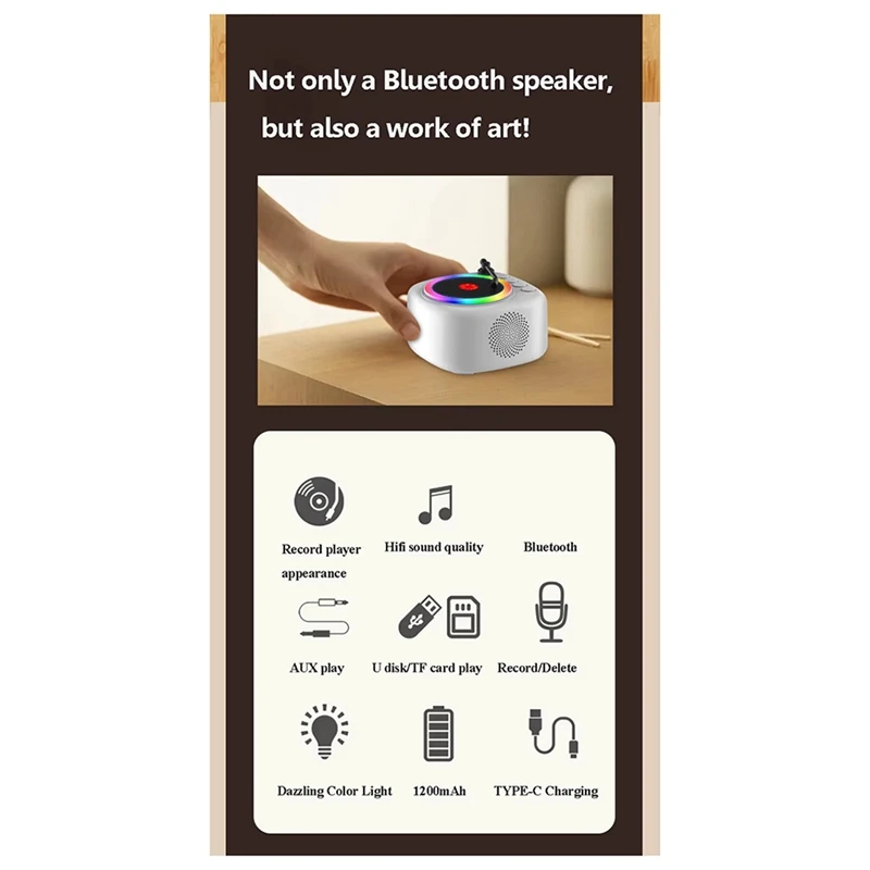 Retro Record Player Bluetooth Speaker Mini Vintage Hifi Sound Music Box HD Recorder with Colorful Light Support TF Card-A46I