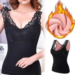 Thermal Underwear Women Top with Bra Fleece Camisole Large Velvet Winter Seamless Sexy Lace V-neck Warm Lingerie Fleece Camisole