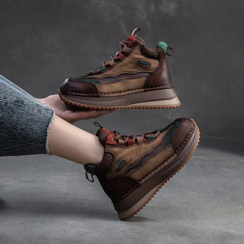 DRKANOL 2026 Women Boots Autumn Winter Mixed Colors Genuine Cow Leather Warm Ankle Boots Ladies High Top Casual Sneakers Shoes