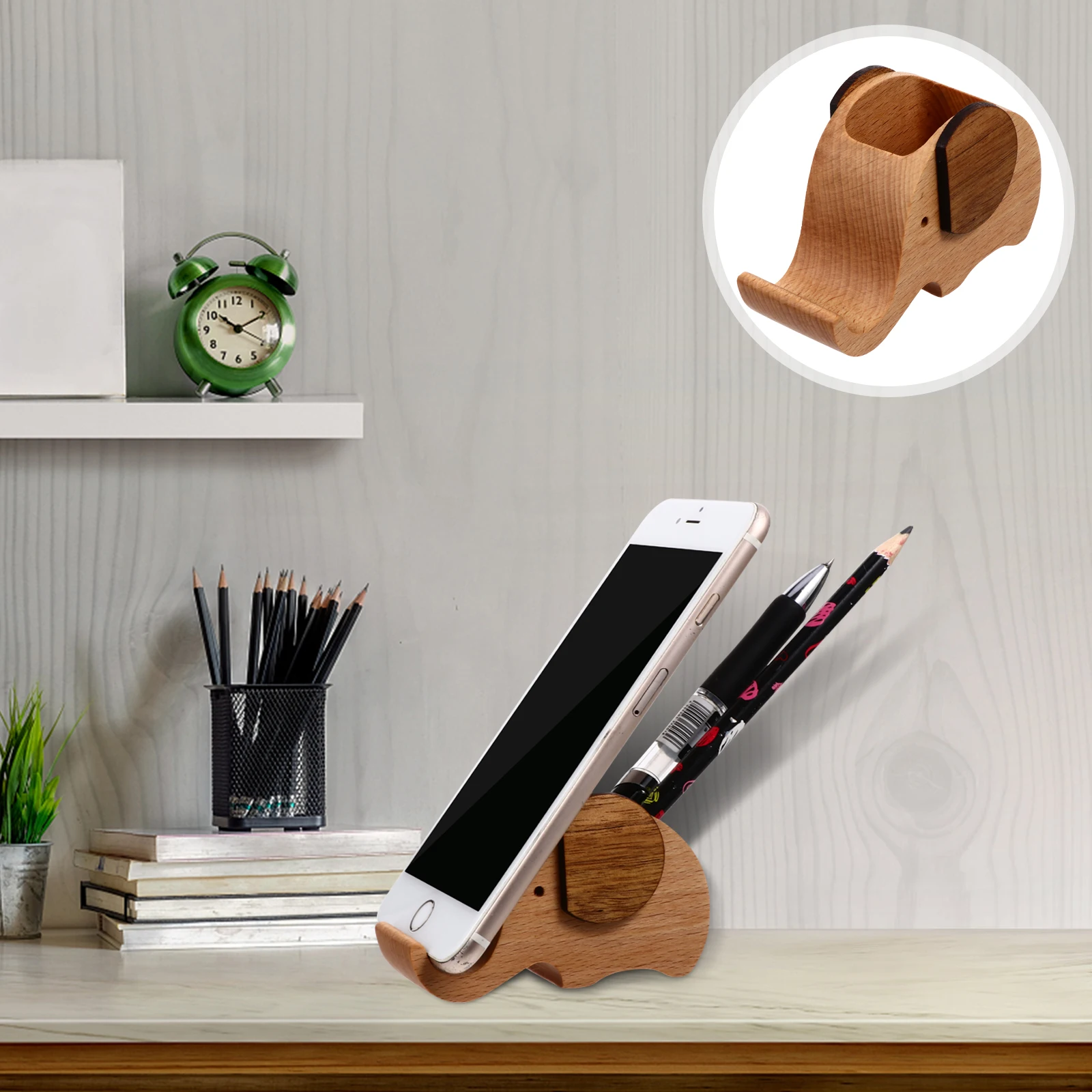

Wooden Phone Stand Pen Container Desk Organizer Tablet Bracket Multi-functional Home Office Use Storage Solution Gift