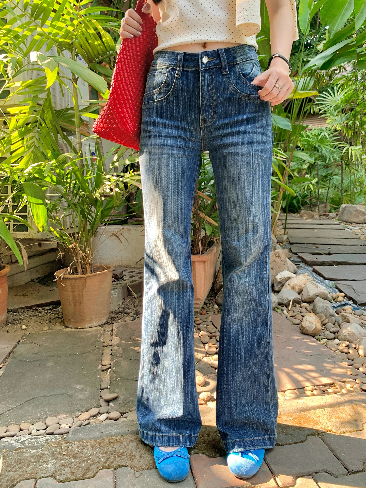 

Retro Cheesetoon Women's High Waist Wide Leg Jeans Korean Sle Spring Summer High Waist Bell Bot Striped Denim Pants