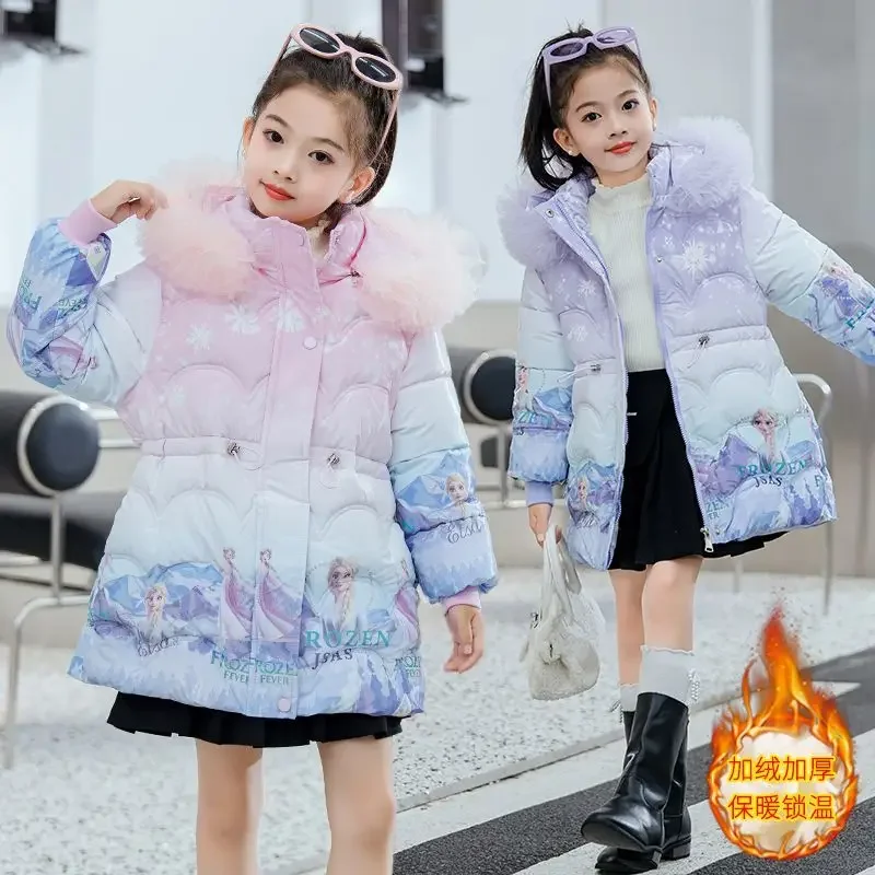 Disney Princess Elsa Cartoon Cute Girl Medium Long Cotton Jacket Kawaii Velvet Thickened Disposable Cotton Jacket Gift Wholesale