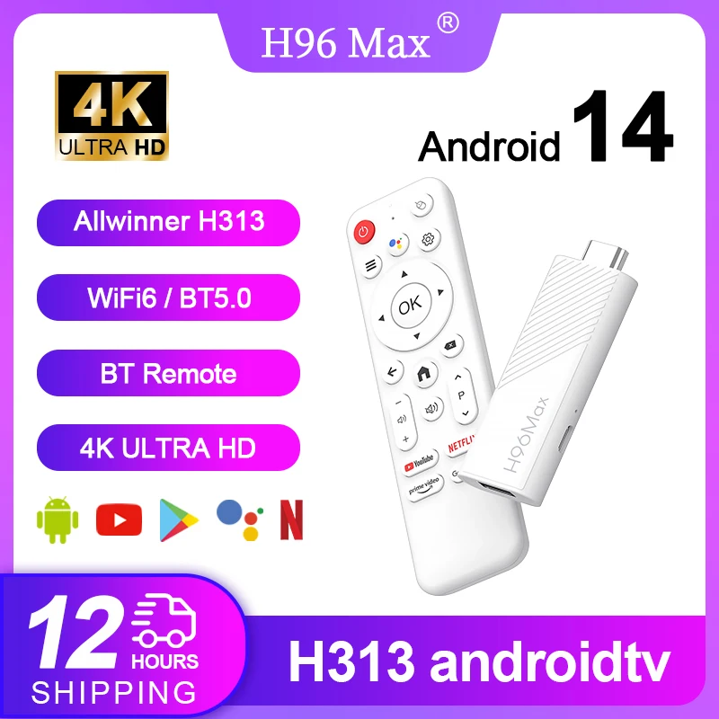 H96 MAX H313 mini TV Stick Android14 Quad Core Wifi6 BT5.0 4K@60fps ATV Launcher Google Voice Assistant Media Player AI TV Stick