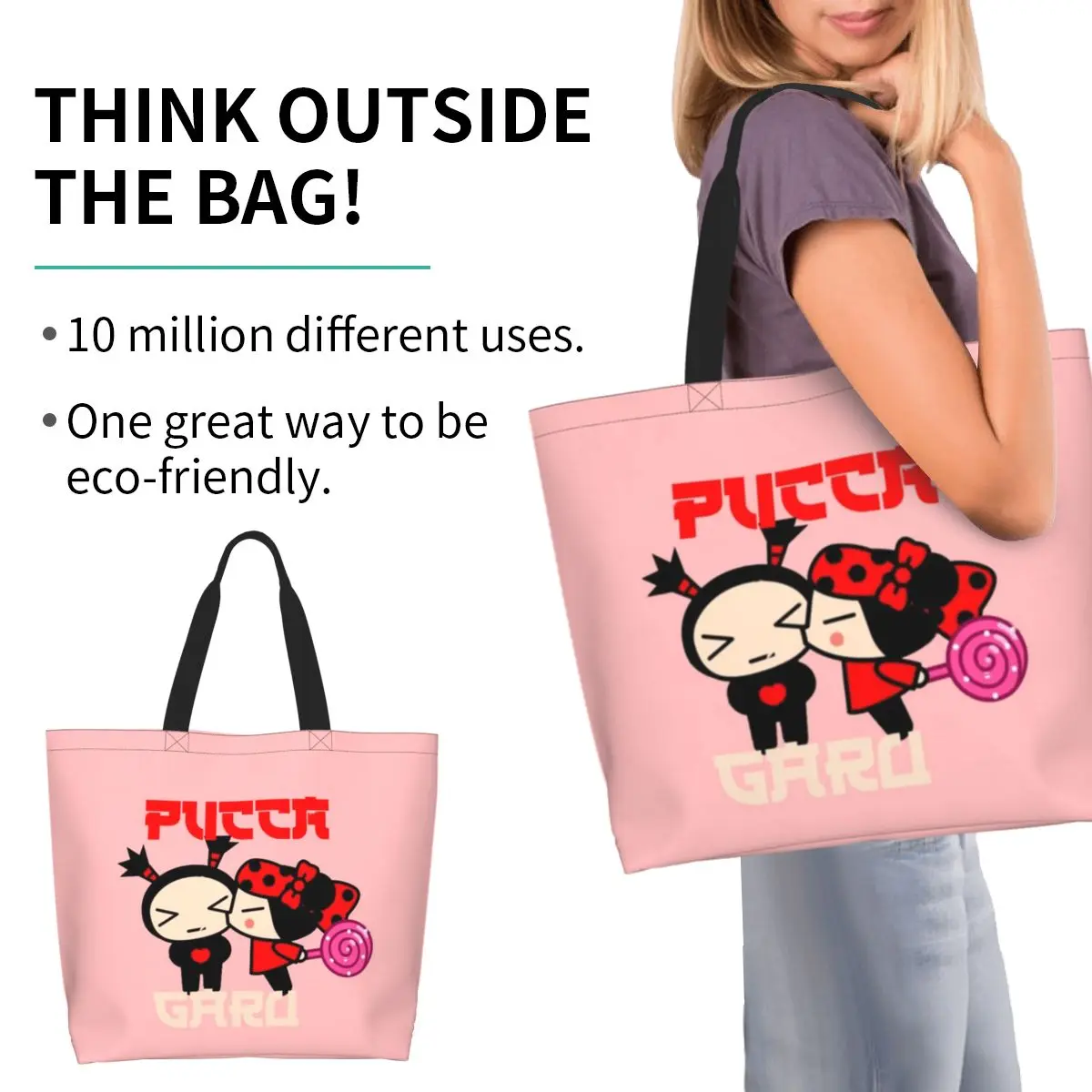 Pucca And Garu1 Shopping Tote Bag Canvas Large Capacity Shoulder Bags Shopper Grocery Handbag for Women