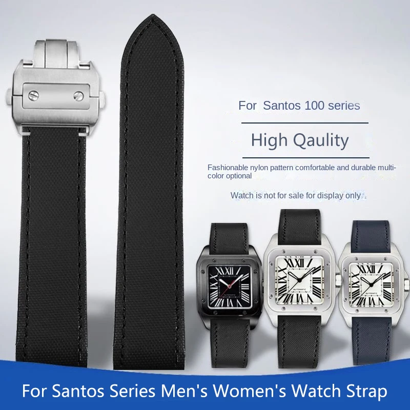 High Quality Watch Strap For Cartier Series Santos 100 Nylon Canvas Black Blue Santos100 Folding Buckle Watchband 20mm 23mm