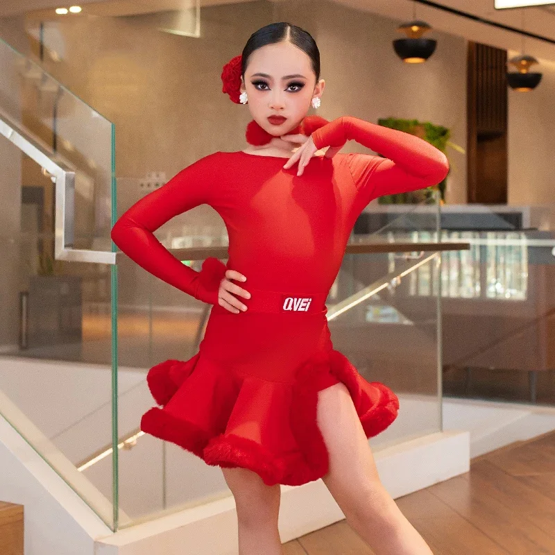 

Red Long Sleeves Latin Dance Competition Dress Girls Performance Dancing Costume Children Ballroom Dance Professional Wear