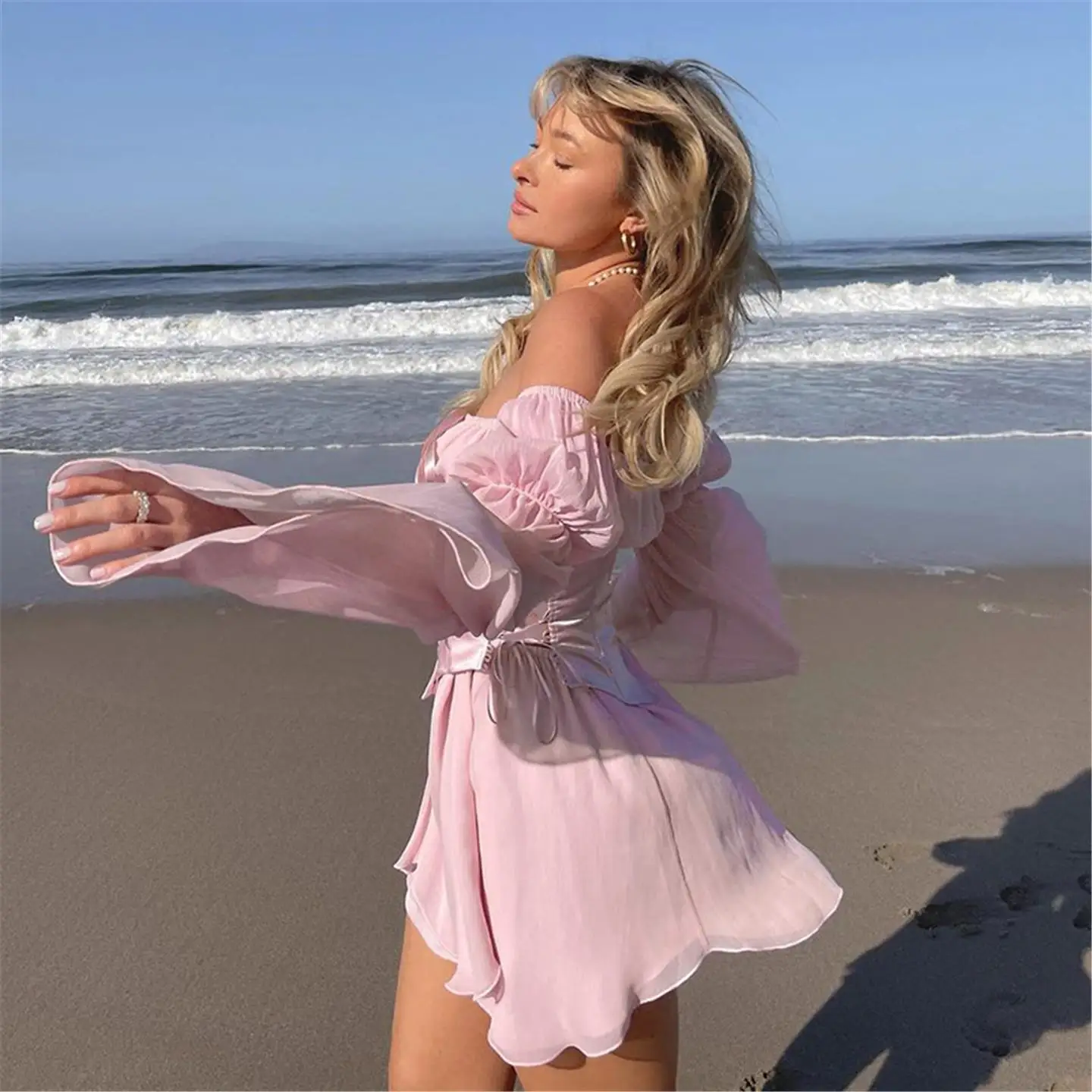 تي شيرت نسائي مثير على شكل زهرة لي تنورة مطبوعة عالية الخصر بكتف واحد دكتور كلينفيت Sle طويل Sve Princ Sve