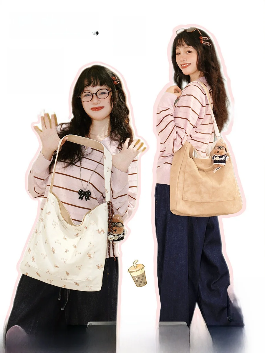 

Double-Sided Canvas Tote Bag Women's Large Capacity Cute Shoulder Bag Single Strap Fashionable Korean Style Casual Bag