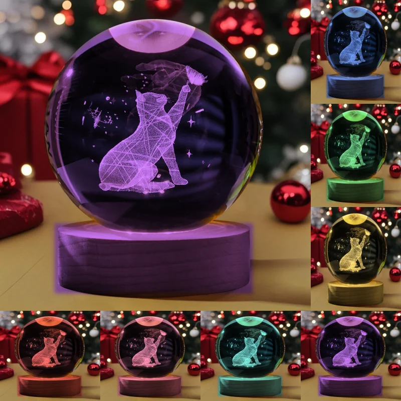 Cat Butterfly Ball Night Light, Engraved Plug in LED Wooden Base Bedroom Desk Table Holiday Party Decor Christmas Gift Christmas